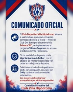 Villa Hipódromo aplicará Tribuna Segura para el partido ante Del Bono por la Primera B